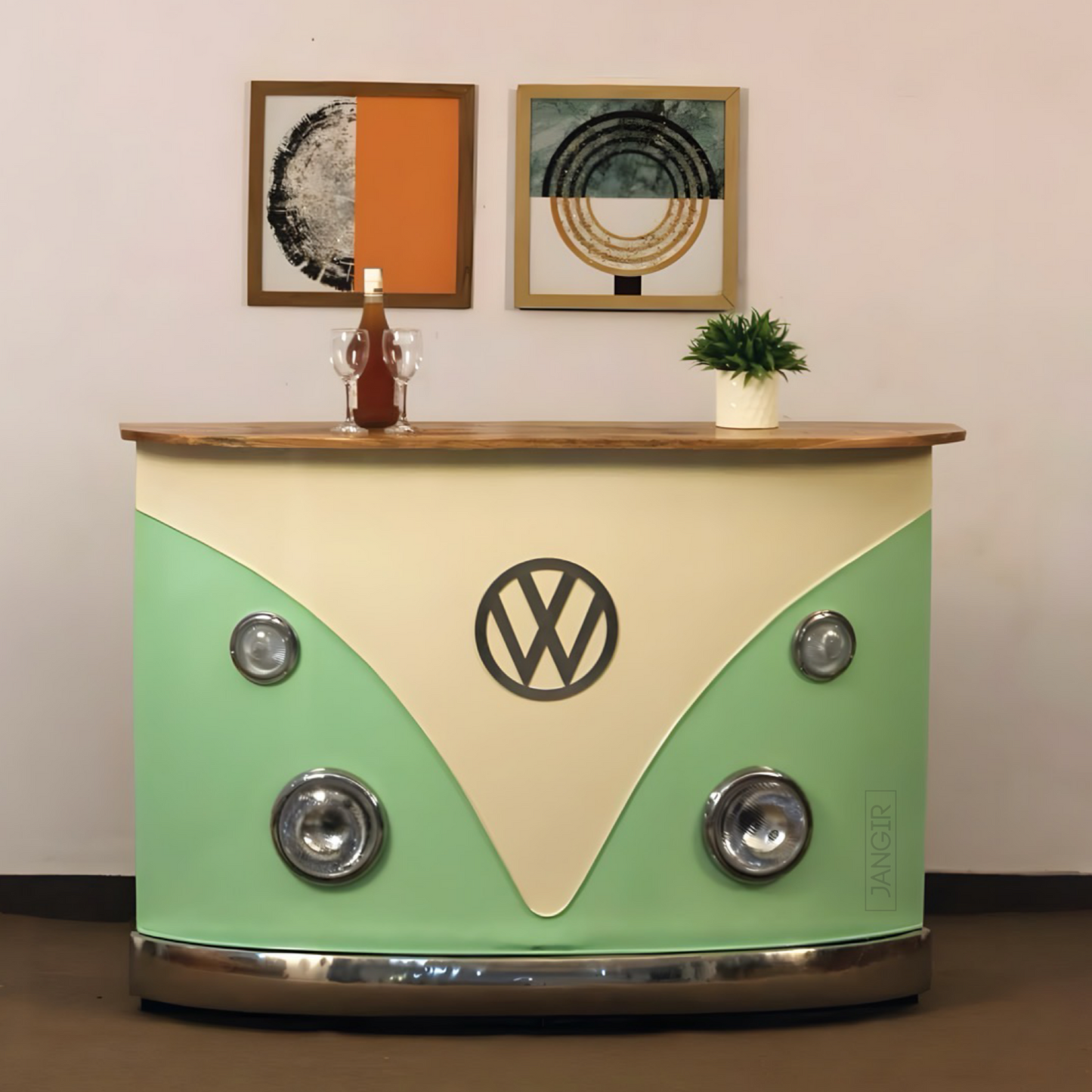 Elevate your home bar, reception or pub space with a unique and durable Vintage Volkswagen counter made from solid wood and metal. Perfect for entertaining guests, shop now!