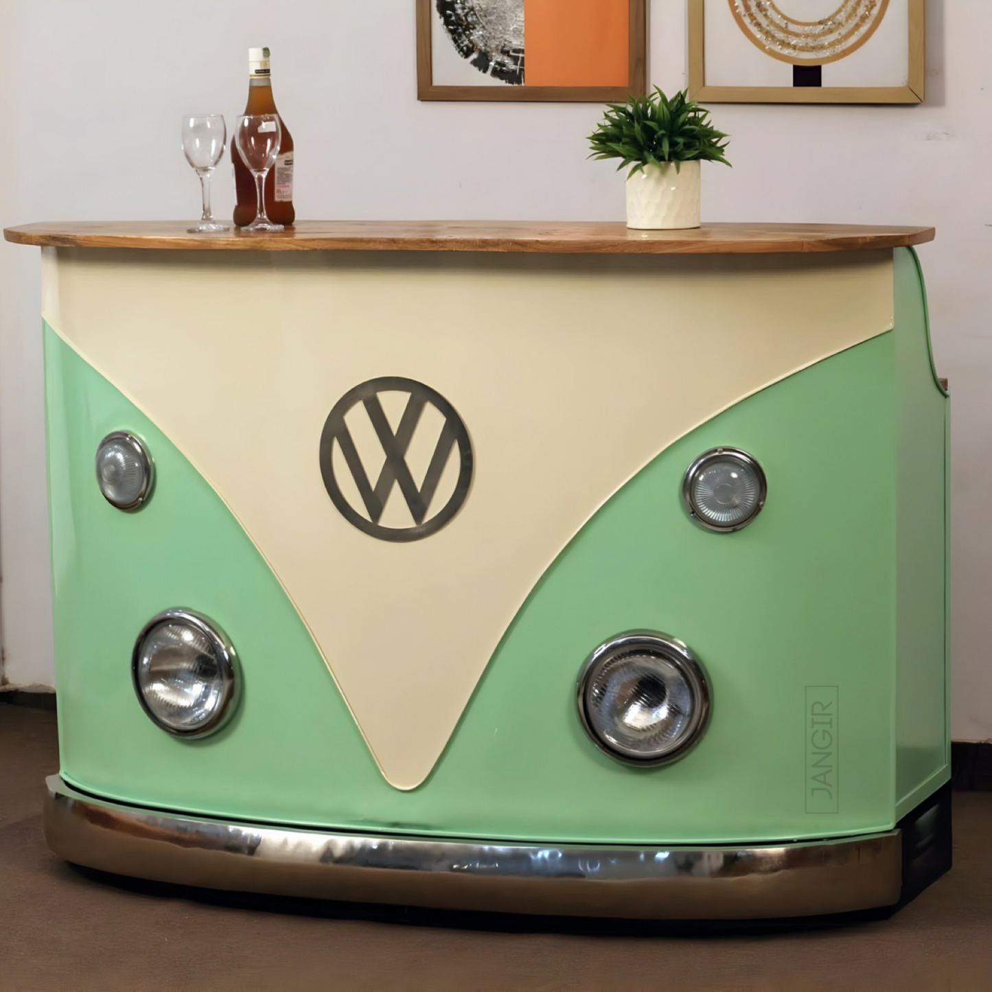 Elevate your home bar, reception or pub space with a unique and durable Vintage Volkswagen counter made from solid wood and metal. Perfect for entertaining guests, shop now!