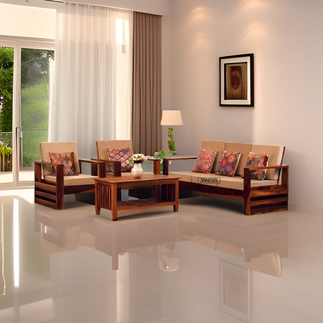 Elevate your living room with our Sleeker Solid wood sofa set, made with sheesham wood. Buy durable & budget-friendly sofa for modern home near you in Bangalore