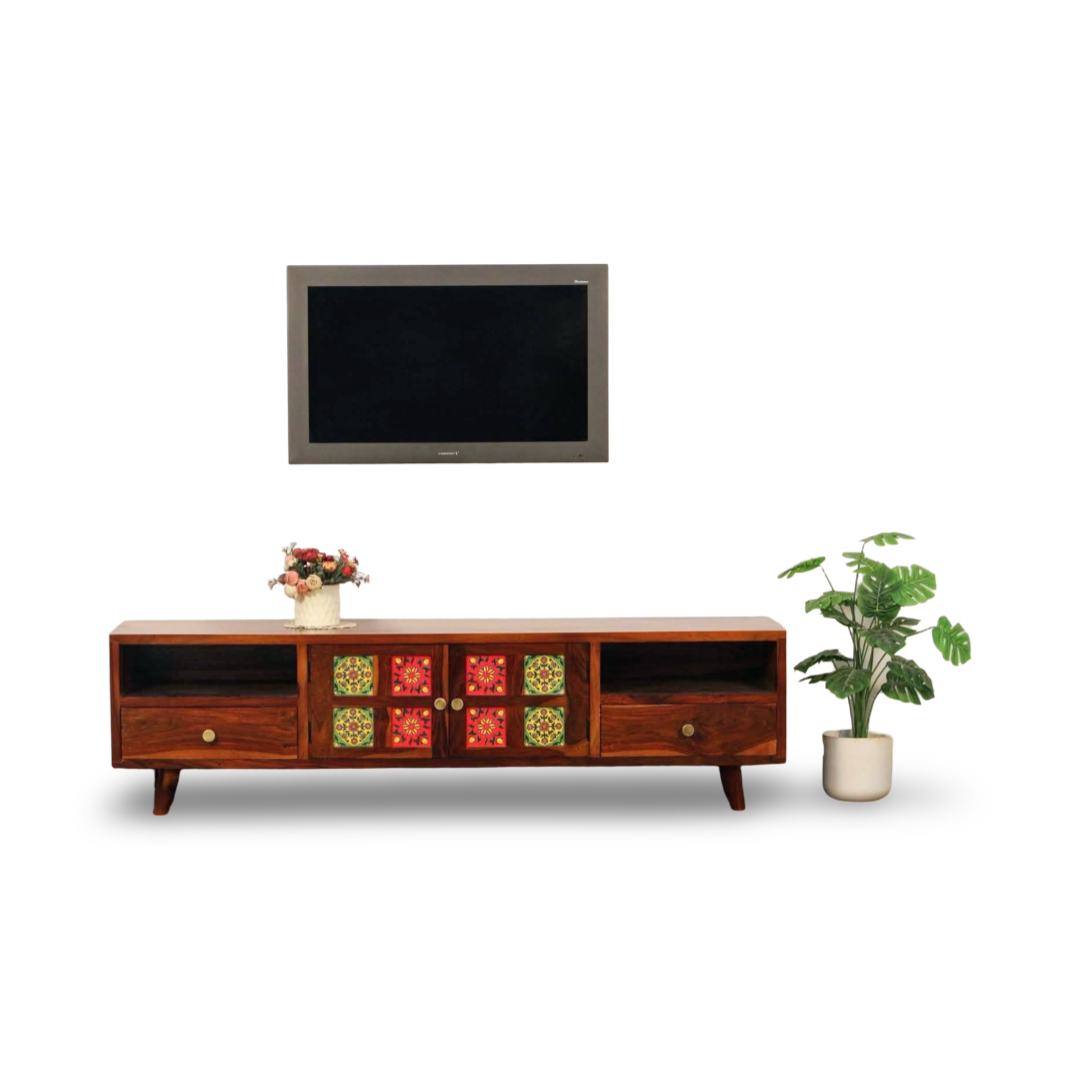 Upgrade your living room with Tiles solid wood TV Unit, sheesham Wood made. Buy Traditional tiles design, durable quality wooden TV Unit near you in Bangalore!