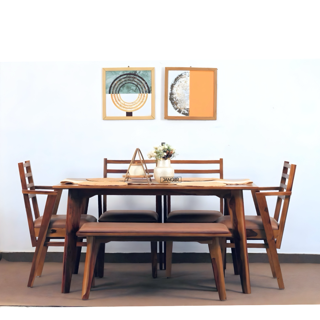 Enhance your dining room with the durable Suarez Sheesham Wood Dining Set. Buy now for style & comfort wooden dining table set near you in Bangalore