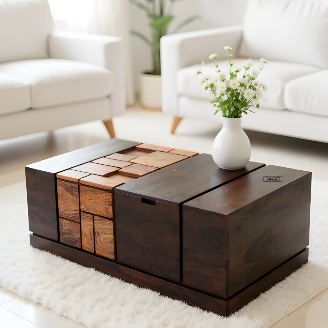 Discover our elegant Sheesham wood unique modern style coffee table with ample storage. Buy modern and stylish wooden coffee table near you in Bangalore