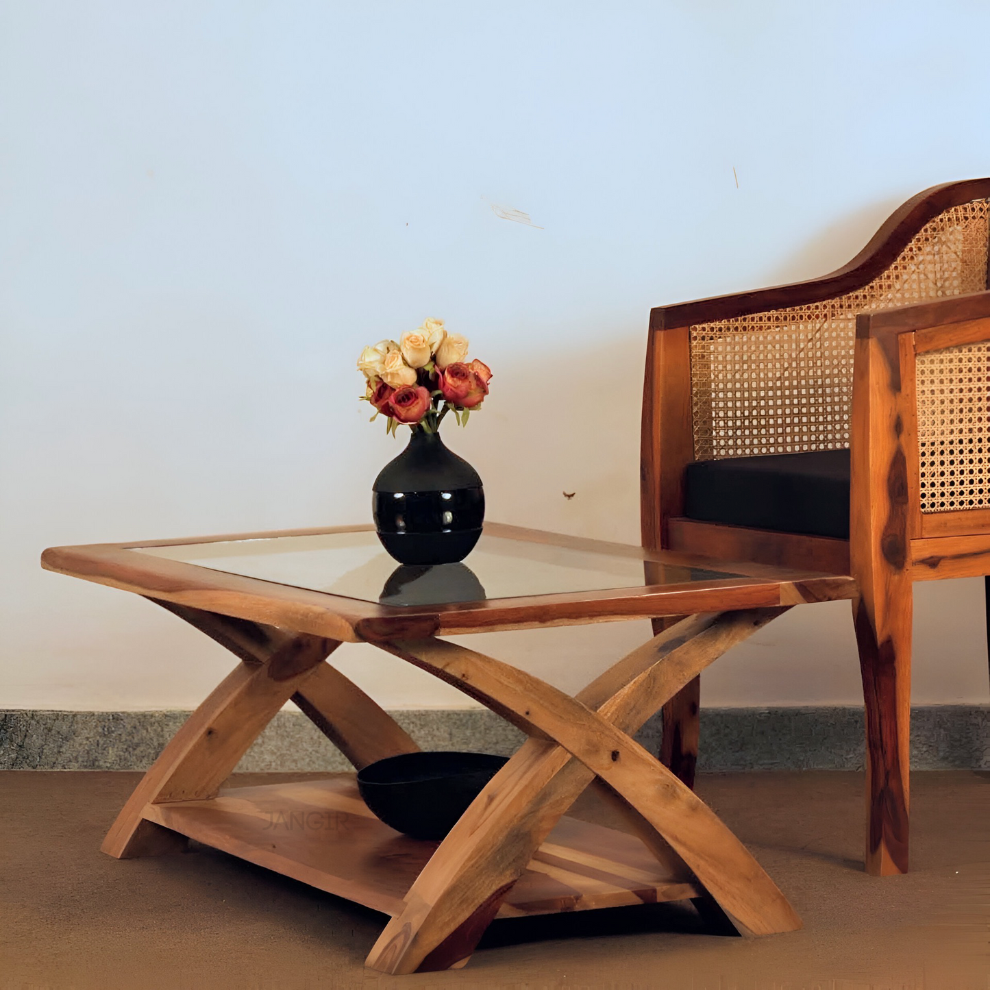 Transform your living room with our designer coffee table with open storage and a glass top. Made with sheesham wood. Elevate your home decor with our center tables near you in Bangalore, Shop Now