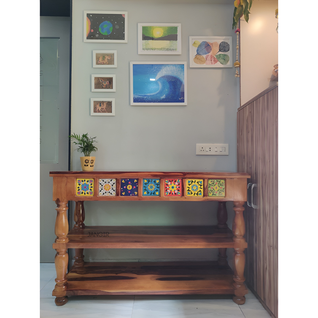 Enhance your Living Room with our Tiles Solid Wood Console Table, sheesham wood made. Buy traditional Console table with Storage near you in Bangalore