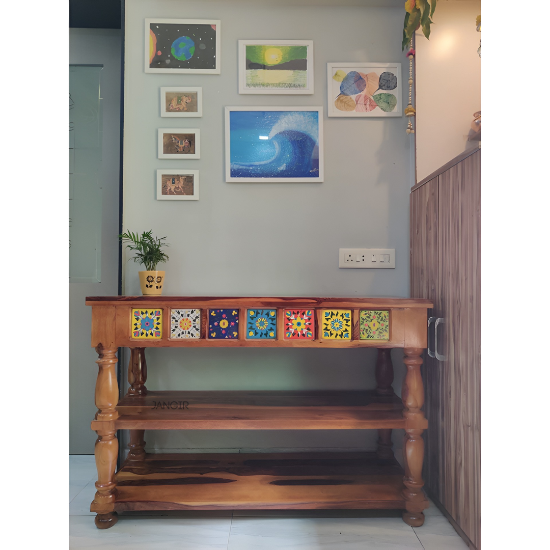 Enhance your hallway with our exquisite console table crafted from sheesham wood! This stunning entryway table with traditional Rajasthani tiles style, perfect for your foyer. Explore our collection.