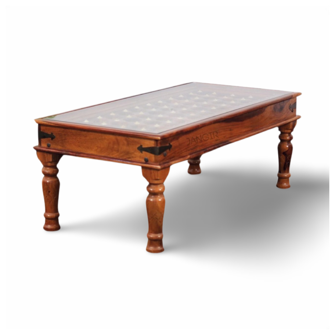elevate your home with our Antique Carved Door Solid Wood Coffee Table with Vintage style Rajasthani Brass work and stunning carved door style. Upgrade your living room with our center table now !