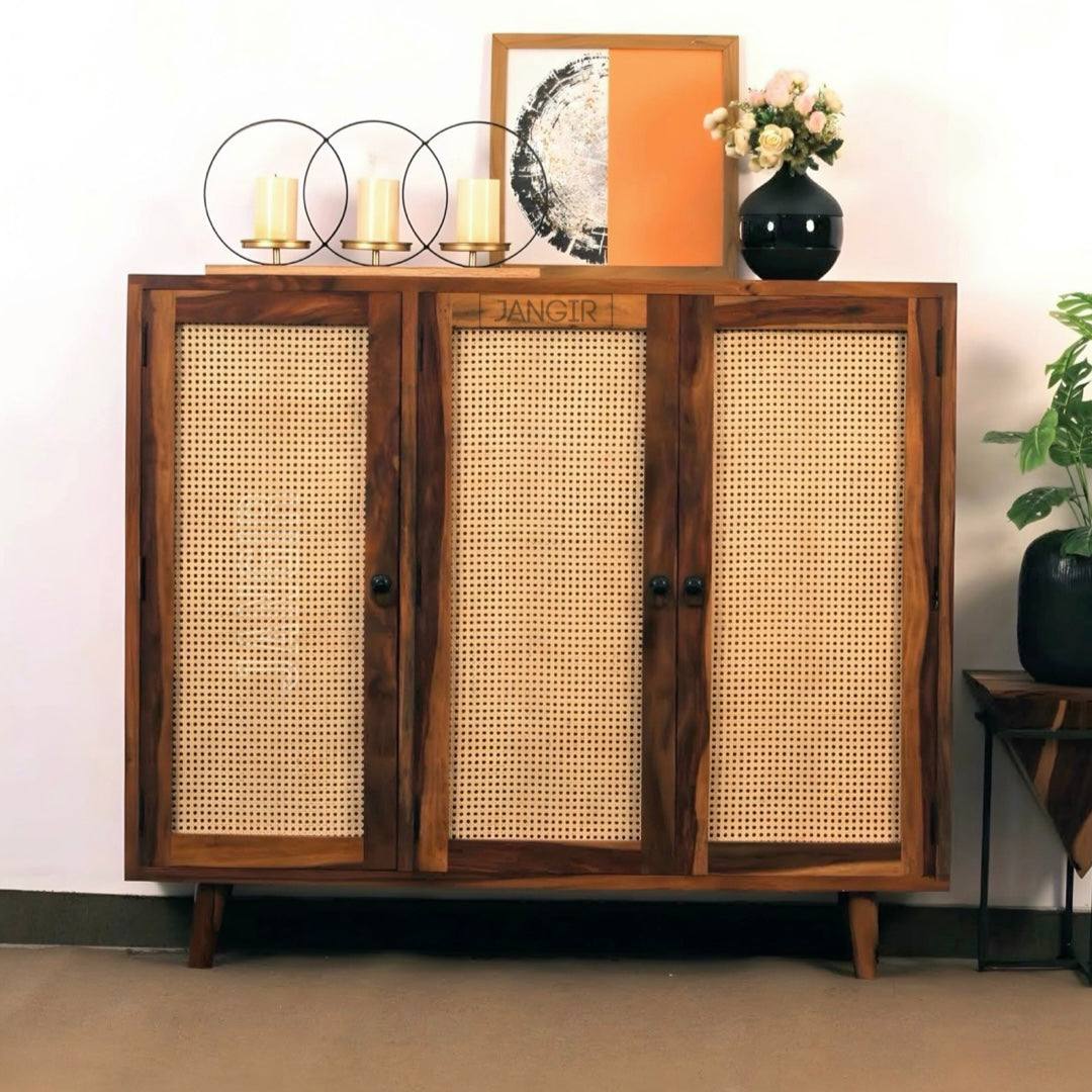 Elevate your living space with our designer and stylish Tower Cane Cabinet, crafted from sheesham wood. Buy Wicker/ Rattan Sideboard & Cabinet for living room