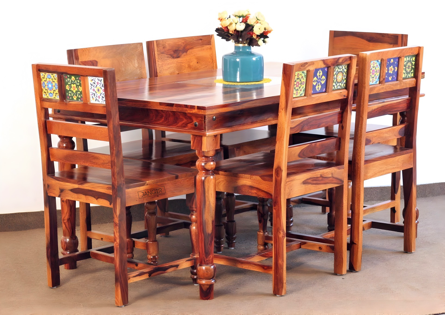 Transform your home into a regal oasis with our authentic Rajasthani-style Tiles dining table sets in Bangalore. Crafted from Sheesham wood, our six-seater and four-seater options Upgrade today!