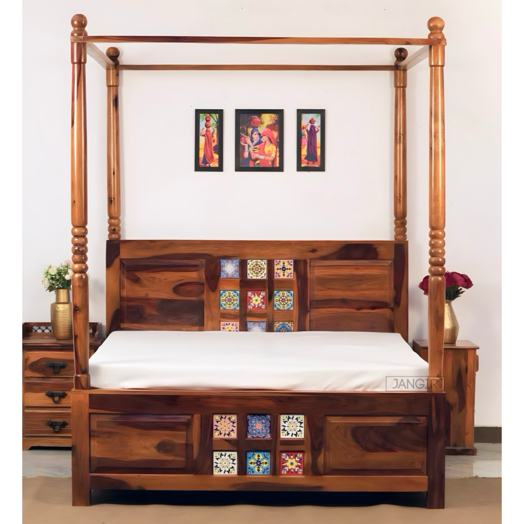 Transform your bedroom with our exquisite traditional style tiles poster bed with storage, made from sheesham wood. Explore our range of king size and queen size beds near you in Bangalore today!