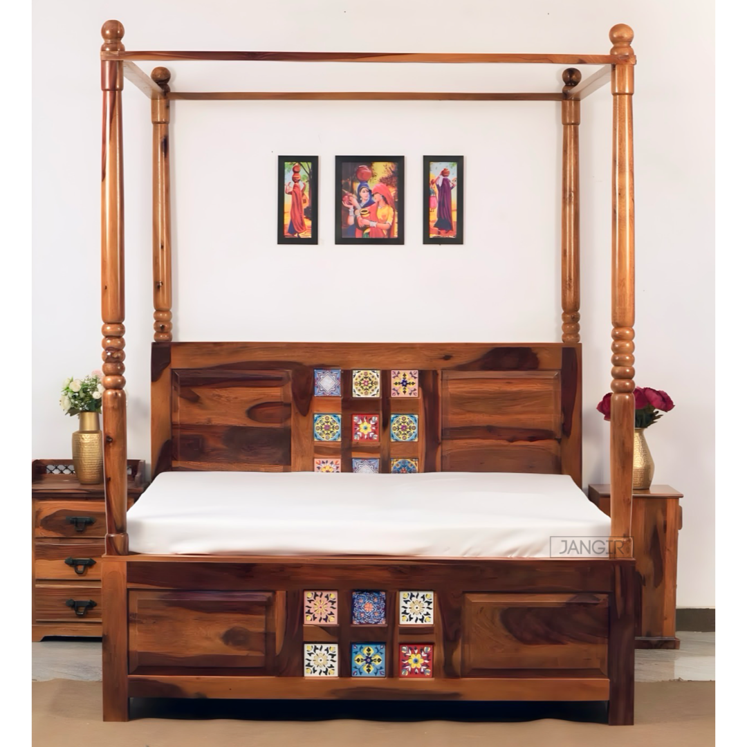Transform your bedroom with our sheesham wood traditional tiles poster bed. Shop king and queen size four poster bed with storage near you in Bangalore today!