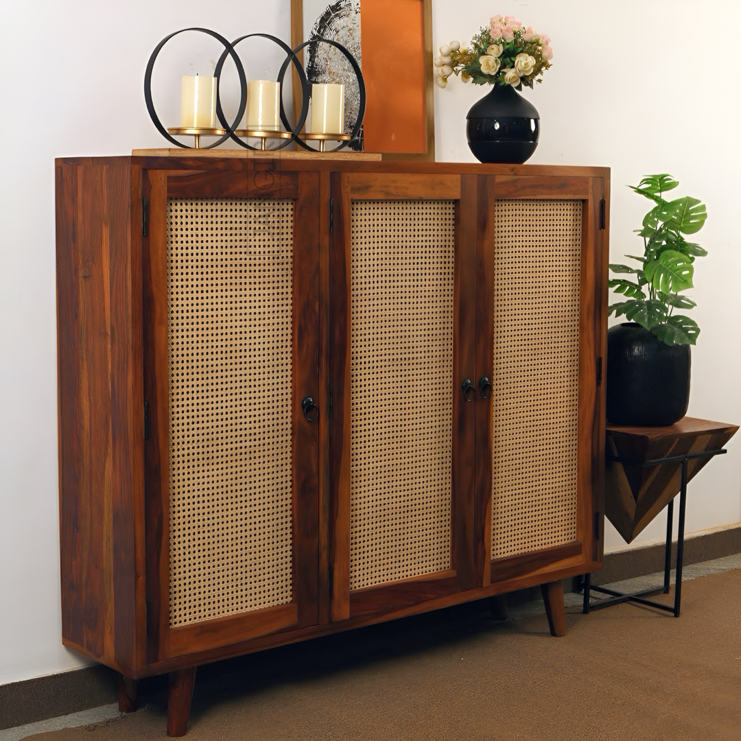 Elevate your living space with our designer and stylish Tower Cane Cabinet, crafted from sheesham wood. Buy Wicker/ Rattan Sideboard & Cabinet for living room