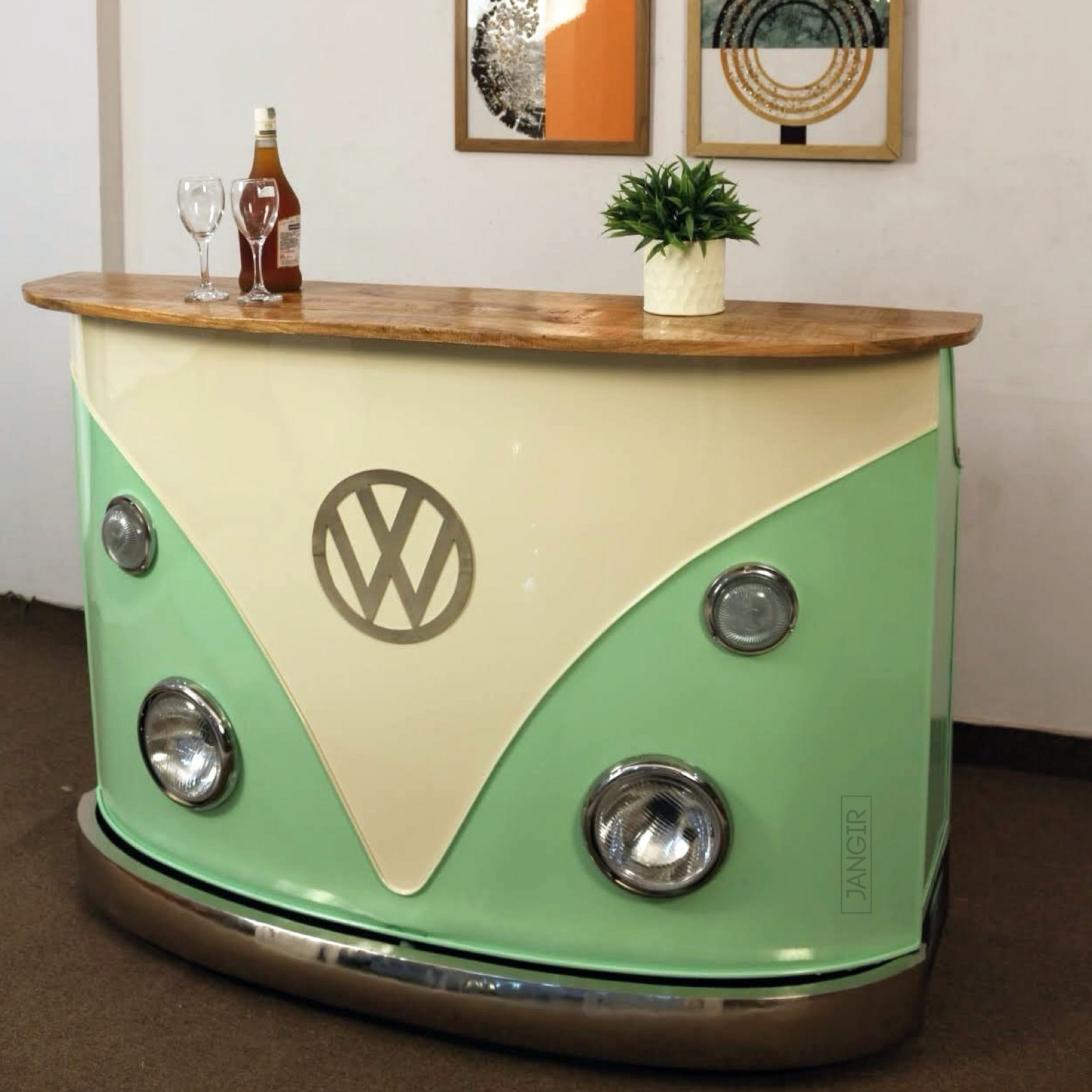 Elevate your home bar, reception or pub space with a unique and durable Vintage Volkswagen counter made from solid wood and metal. Perfect for entertaining guests, shop now!