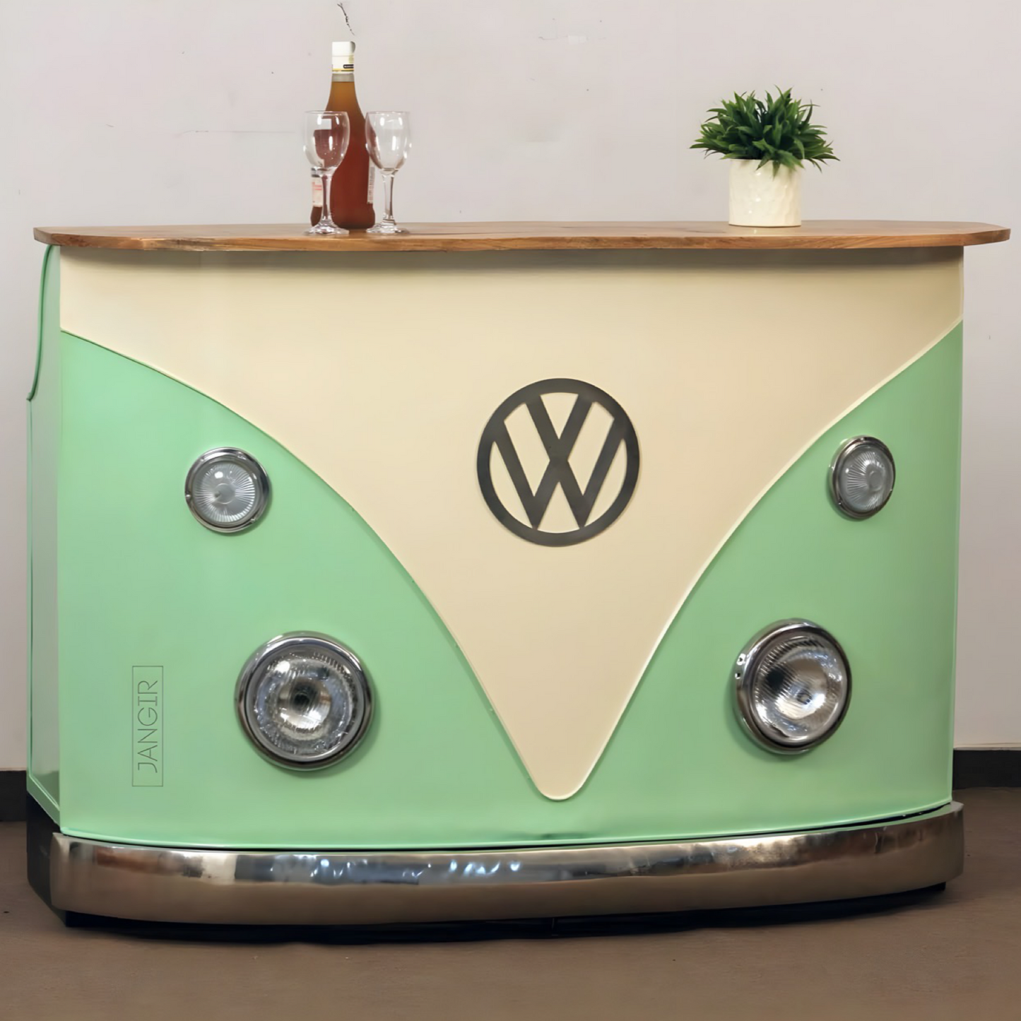 Elevate your home bar, reception or pub space with a unique and durable Vintage Volkswagen counter made from solid wood and metal. Perfect for entertaining guests, shop now!