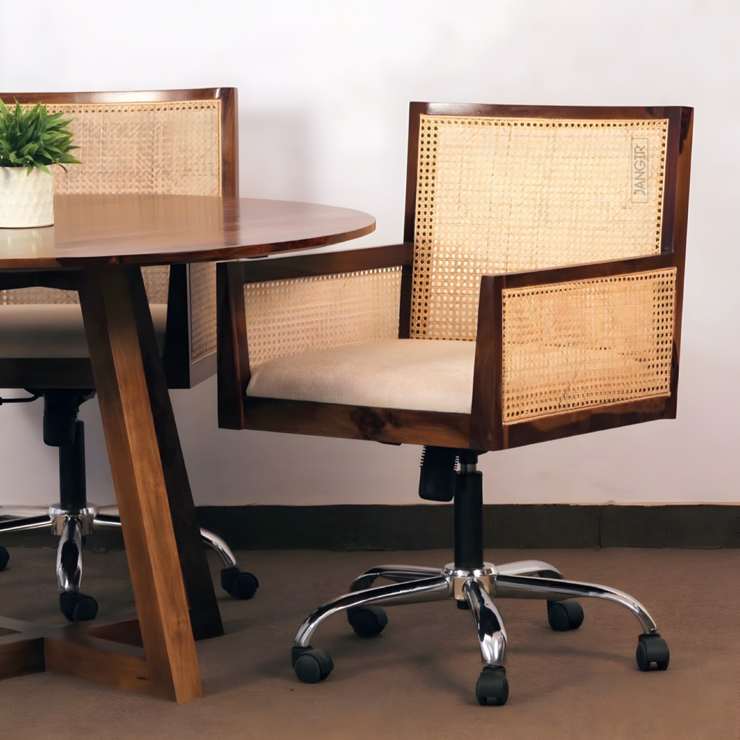 Enhance your workspace with our Cane Office Chair, made with sheesham wood and natural Cane. This Wooden office or revolving chair Designed for durability and comfort. Buy today !