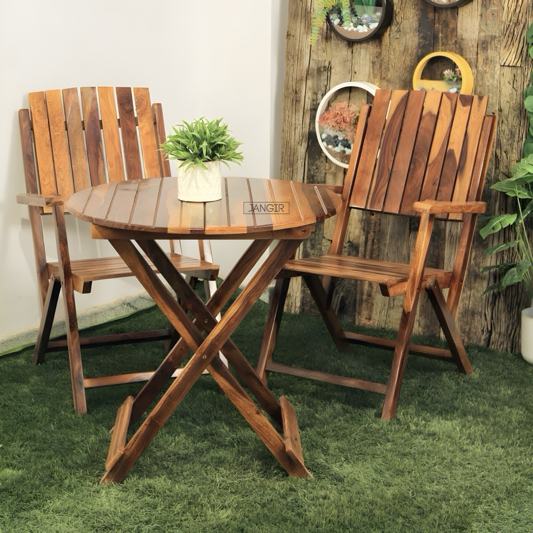 Elevate your outdoor space with our sheesham wood Terrace Outdoor Chair Table Set. Buy folding designed chair table set for your balcony near you in Bangalore!