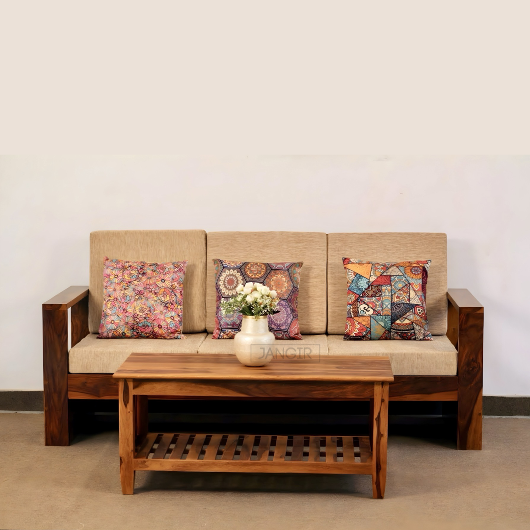 Elevate your living room with our Sleeker Solid wood sofa set, made with sheesham wood. Buy durable & budget-friendly sofa for modern home near you in Bangalore