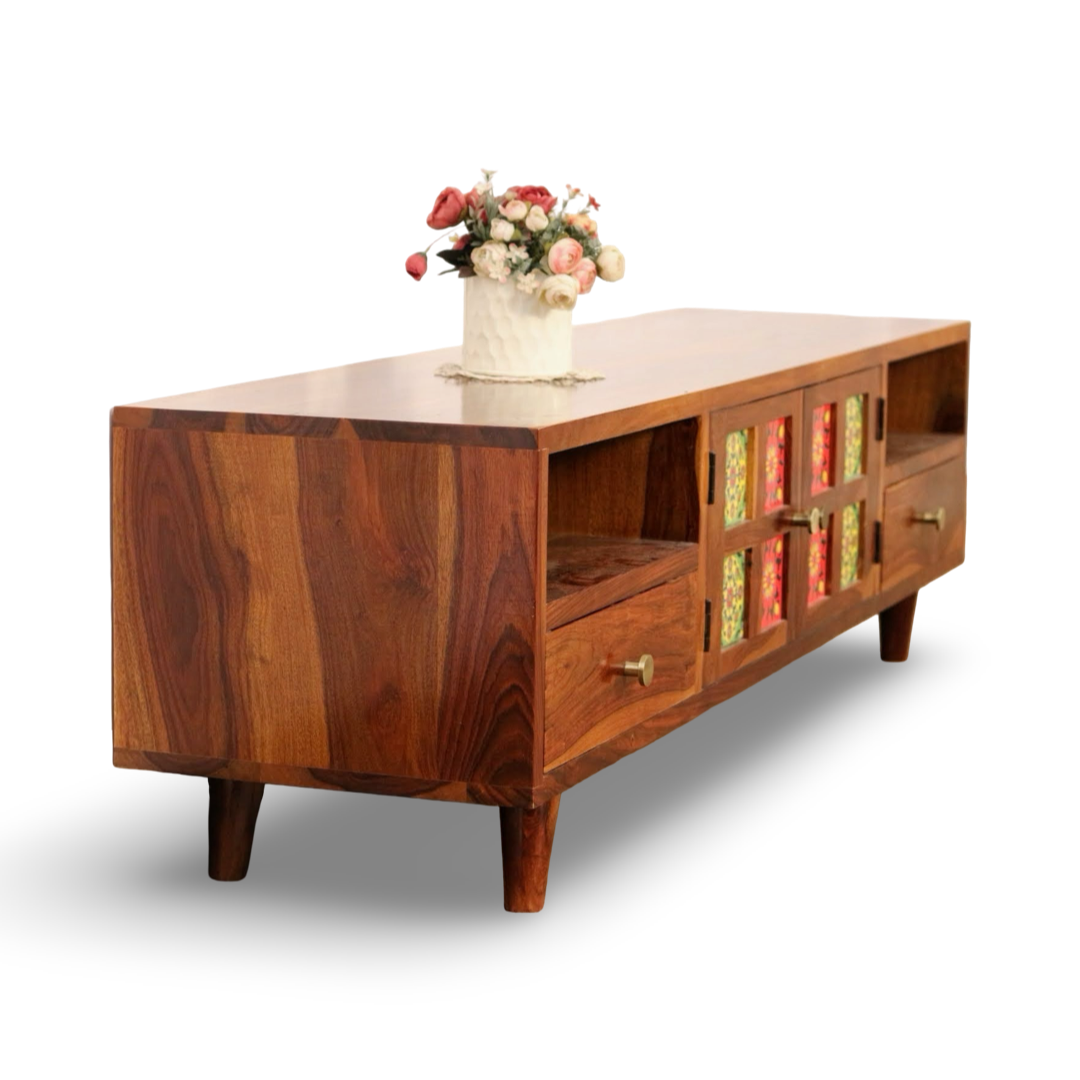Upgrade your living room with Tiles solid wood TV Unit, sheesham Wood made. Buy Traditional tiles design, durable quality wooden TV Unit near you in Bangalore!