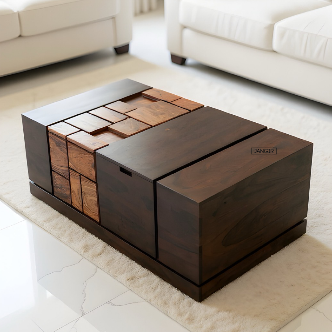 Discover our elegant Sheesham wood unique modern style coffee table with ample storage. Buy modern and stylish wooden coffee table near you in Bangalore