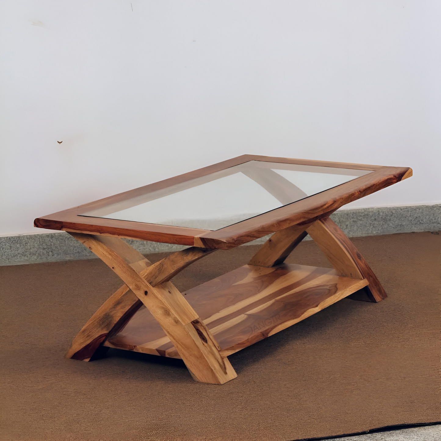 Transform your living room with our designer coffee table with open storage and a glass top. Made with sheesham wood. Elevate your home decor with our center tables near you in Bangalore, Shop Now