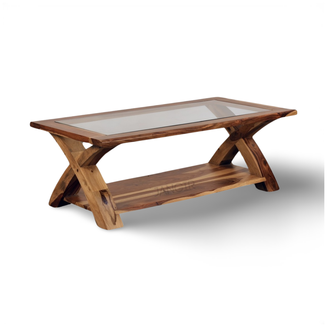 Transform your living room with our designer coffee table with open storage and a glass top. Made with sheesham wood. Elevate your home decor with our center tables near you in Bangalore, Shop Now