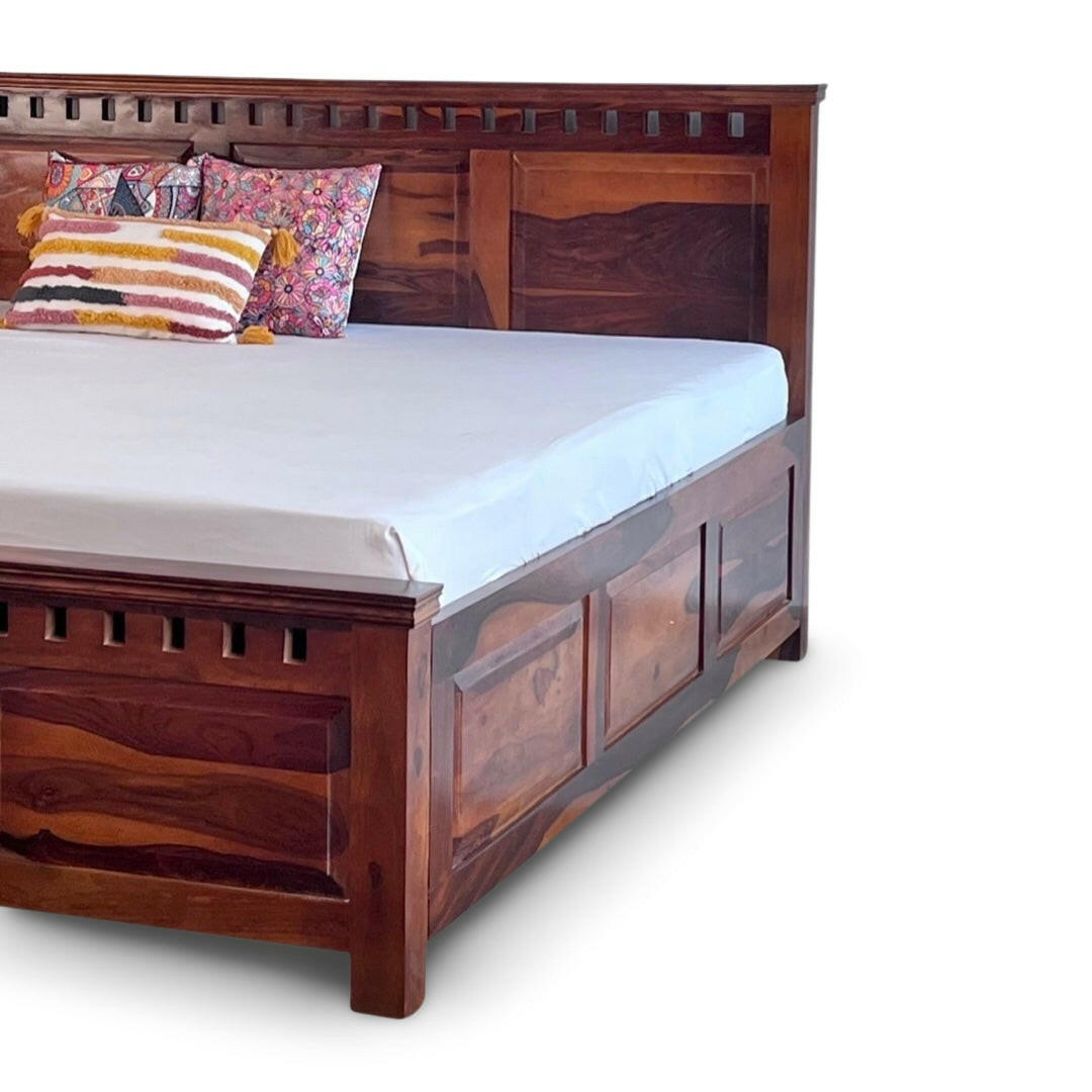 Upgrade your bedroom with our Solid wood kuber storage bed, made from sheesham wood. Shop Stylish king and queen size double beds near you in Bangalore !
