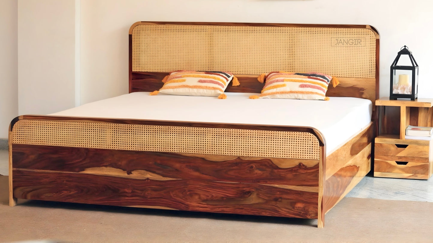 Upgrade your bedroom with our designer solid wood cane bed, crafted from sheesham wood and natural cane. Available in king and queen sizes with storage. Buy online or in-store in Bangalore