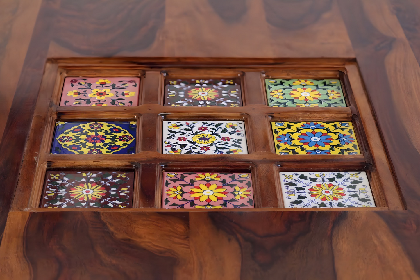 Transform your home into a regal oasis with our authentic Rajasthani-style Tiles dining table sets in Bangalore. Crafted from Sheesham wood, our six-seater and four-seater options Upgrade today!