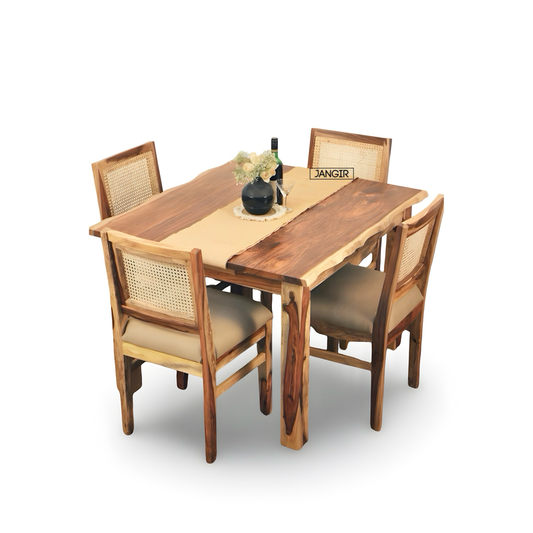 Upgrade your dining with Maakya Live Edge Table with cane chair, made from A Grade Sheesham wood. Buy modern and stylish live edge table near you in Bangalore!