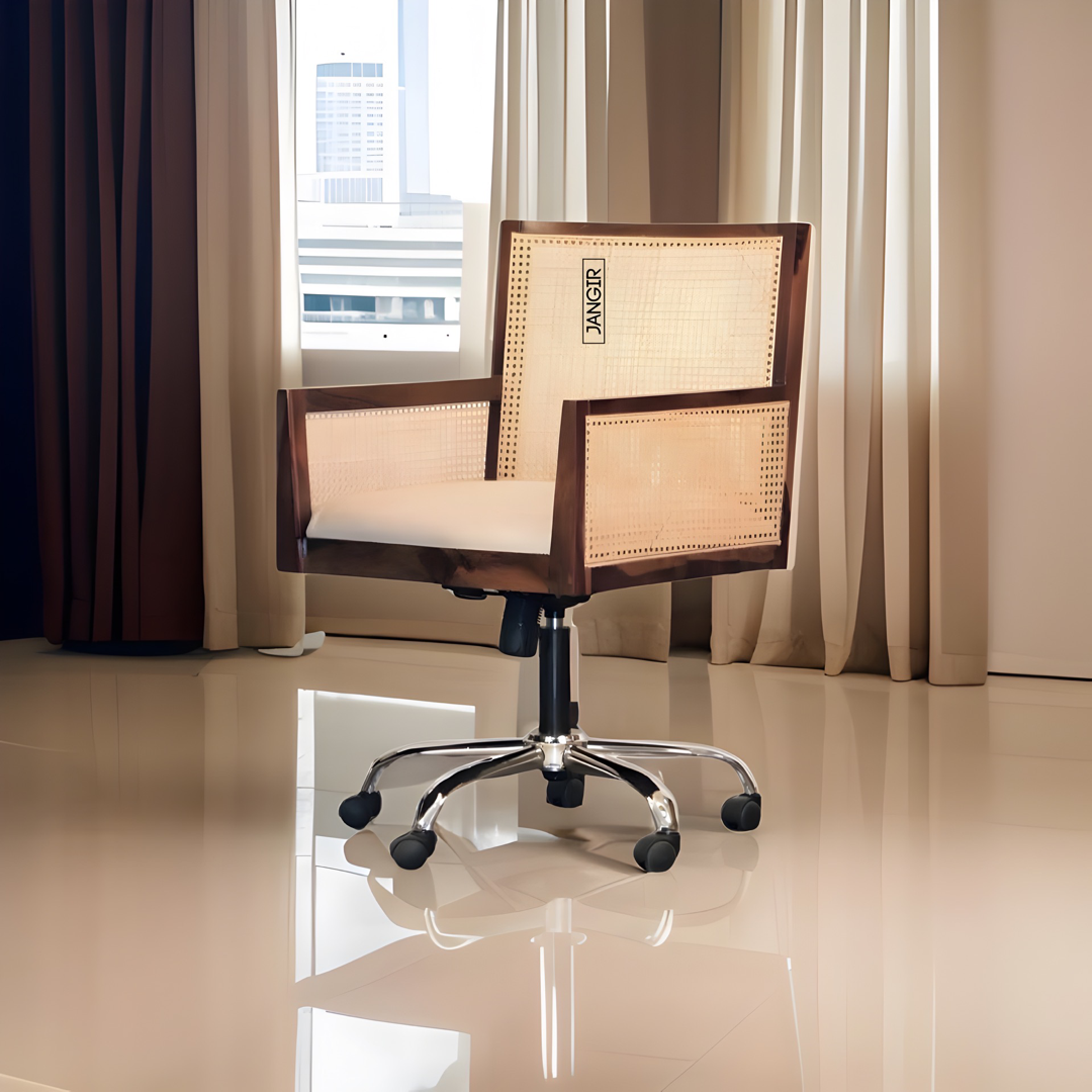 Enhance your workspace with our Cane Office Chair, made with sheesham wood and natural Cane. This Wooden office or revolving chair Designed for durability and comfort. Buy today !