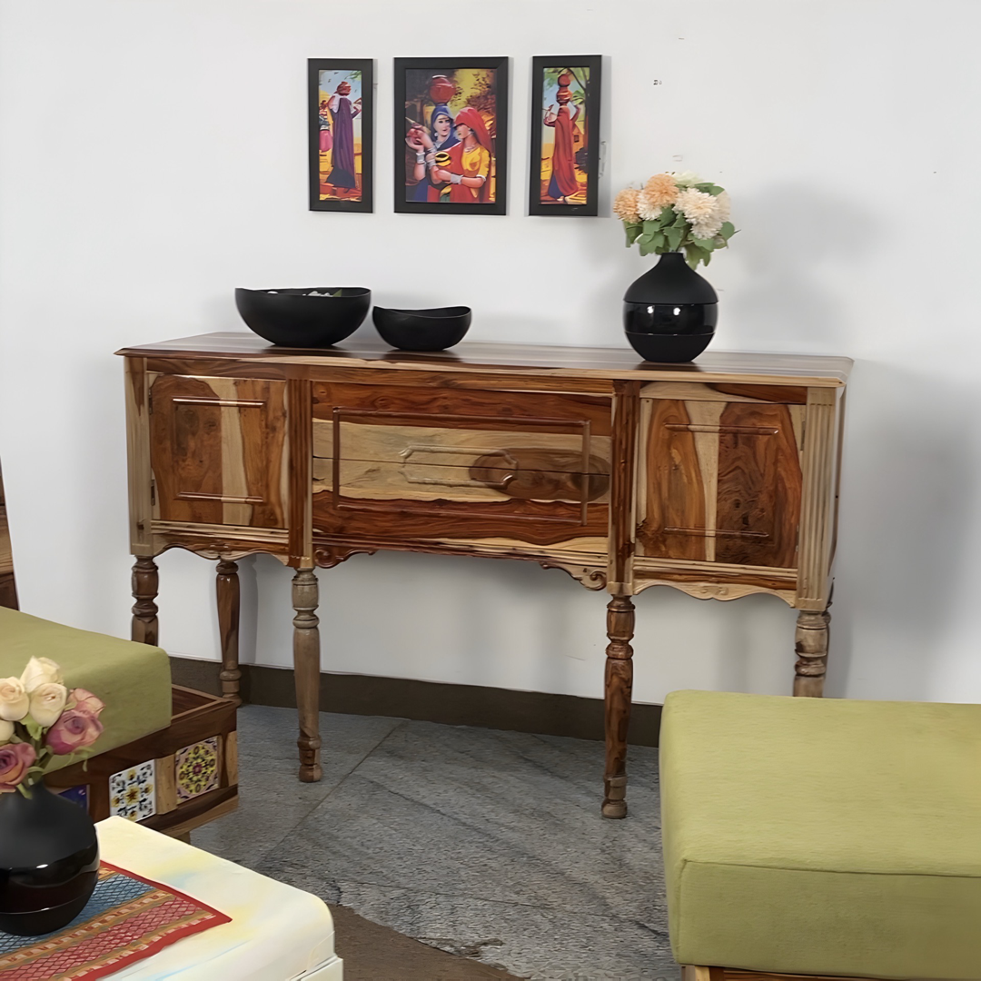Create a statement in your living space with our Vintage Solid Wood Console Table made with Sheesham wood featuring storage space, Royal vintage style and a rustic finish. Buy now