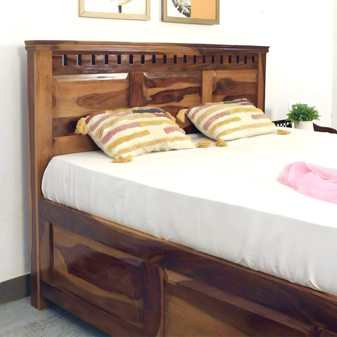 Upgrade your bedroom with our Solid wood kuber storage bed, made from sheesham wood. Shop Stylish king and queen size double beds near you in Bangalore !