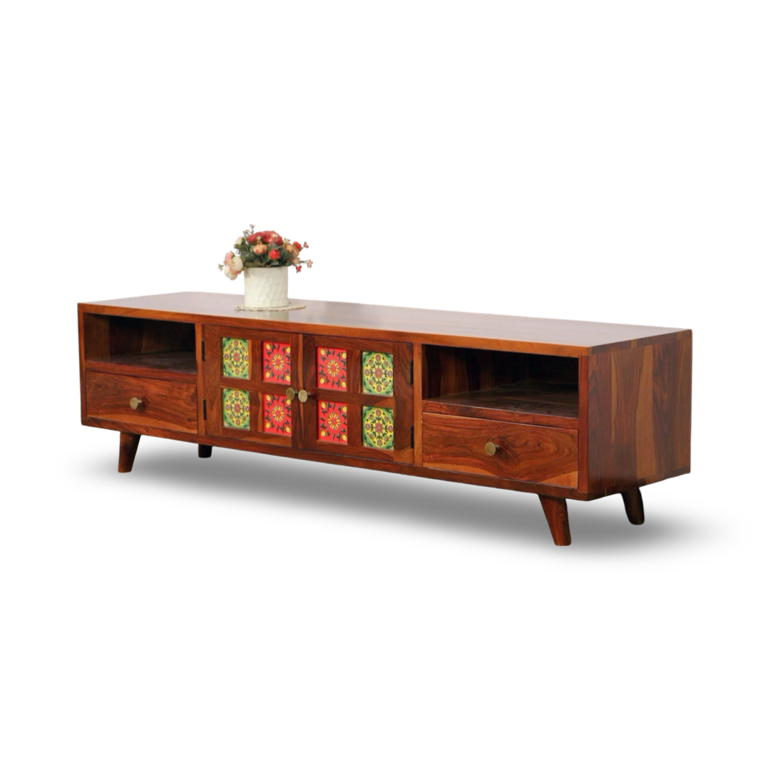Upgrade your living room with Tiles solid wood TV Unit, sheesham Wood made. Buy Traditional tiles design, durable quality wooden TV Unit near you in Bangalore!
