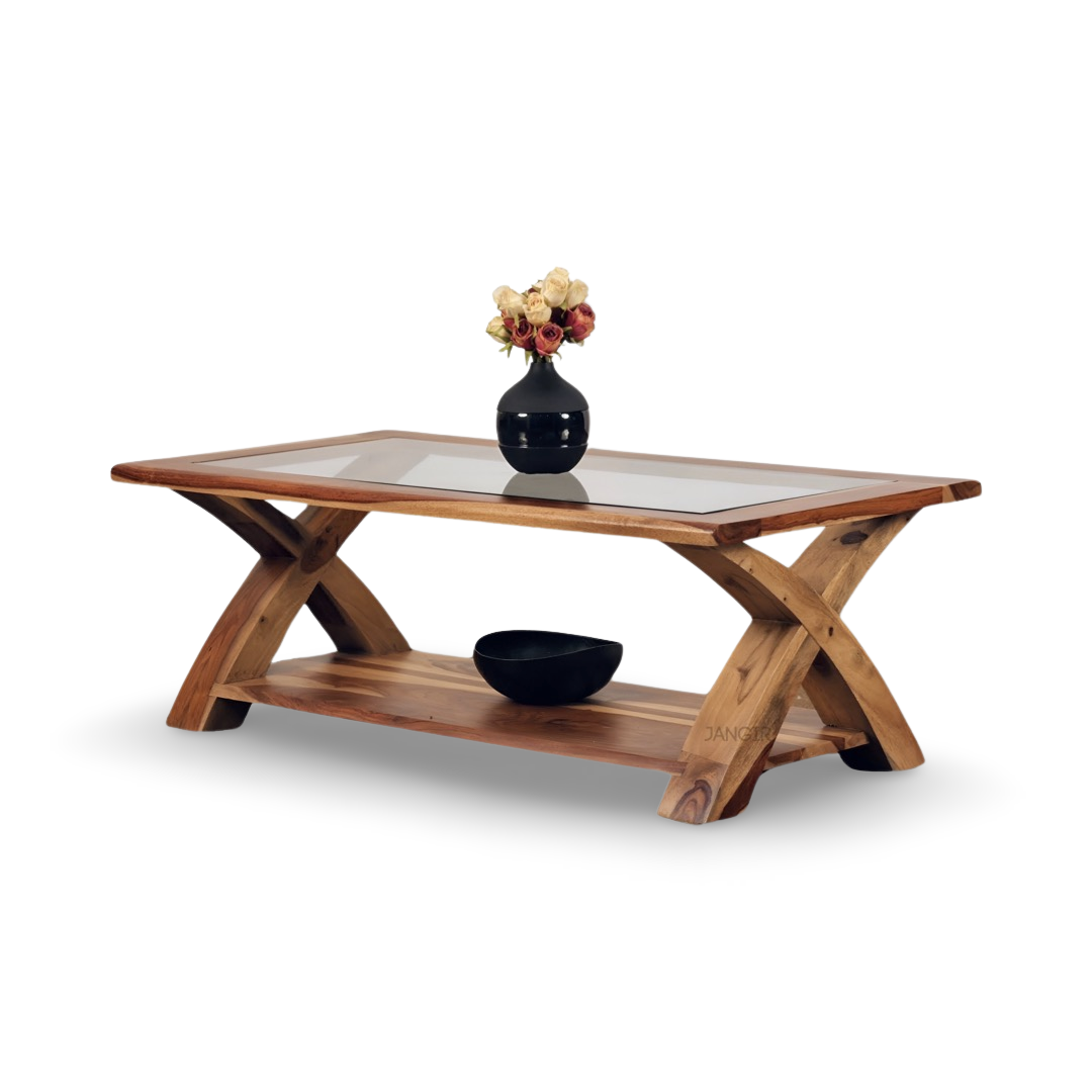 Transform your living room with our designer coffee table with open storage and a glass top. Made with sheesham wood. Elevate your home decor with our center tables near you in Bangalore, Shop Now
