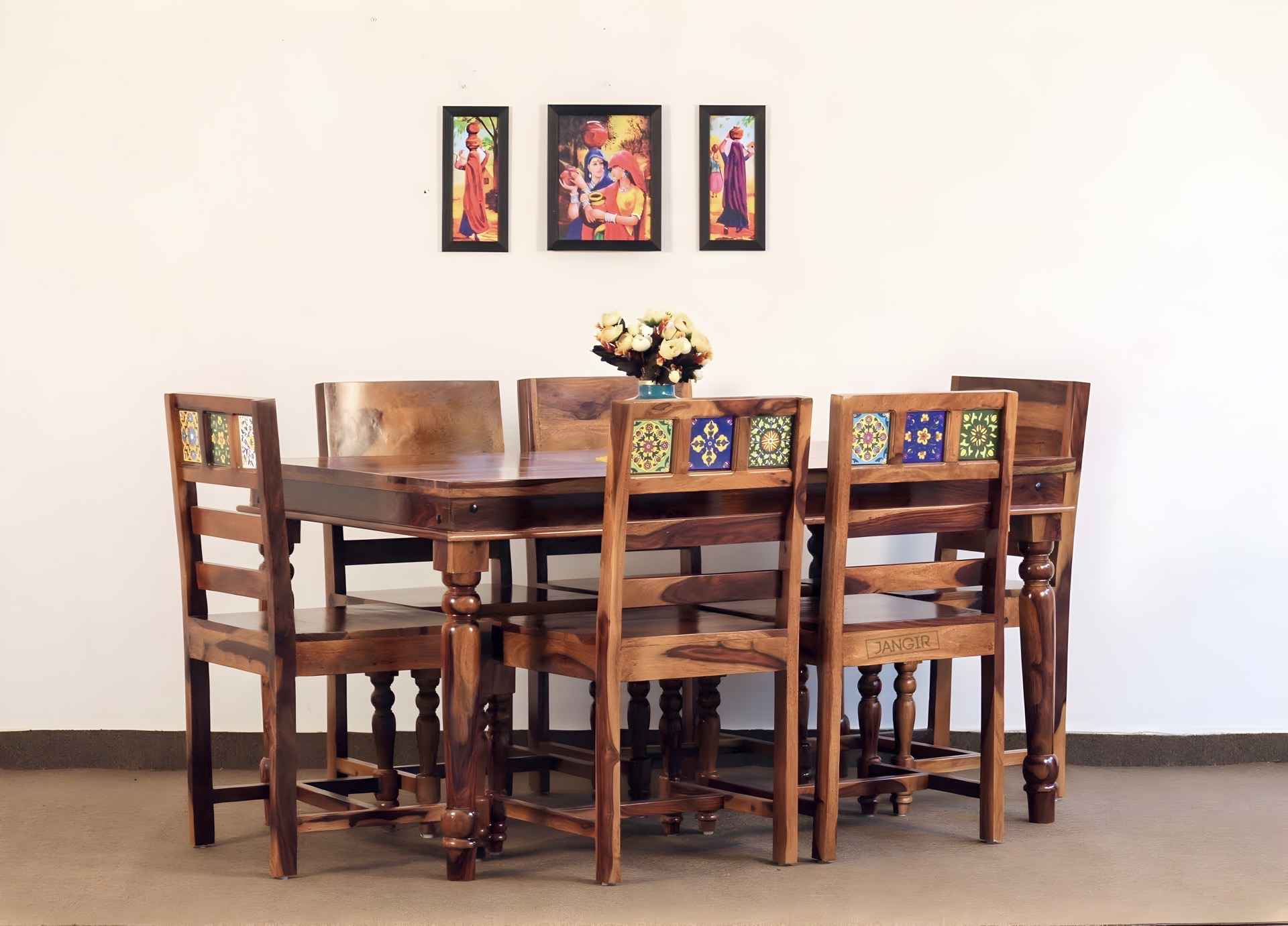 Transform your home into a regal oasis with our authentic Rajasthani-style Tiles dining table sets in Bangalore. Crafted from Sheesham wood, our six-seater and four-seater options Upgrade today!
