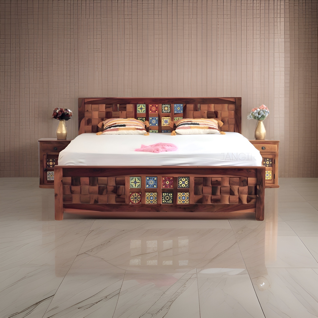 Transform your bedroom with our Tiles Solid Wood Storage Bed, made with sheesham wood and ceramic tiles designs. Shop tradition design wooden beds with storage in Bangalore today !