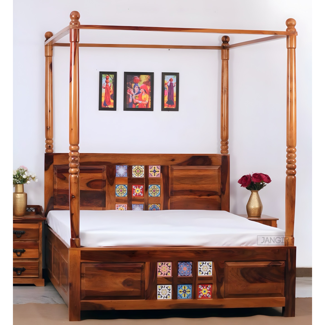 Transform your bedroom with our exquisite traditional style tiles poster bed with storage, made from sheesham wood. Explore our range of king size and queen size beds near you in Bangalore today!