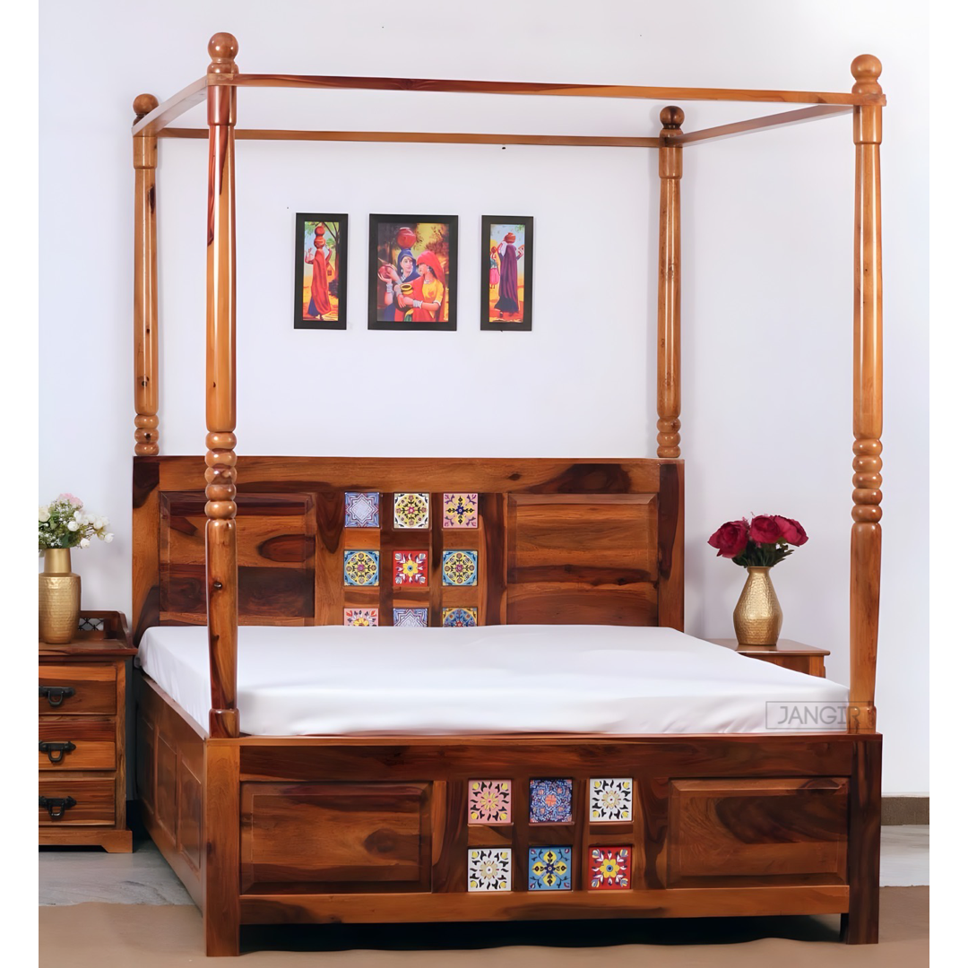 Transform your bedroom with our sheesham wood traditional tiles poster bed. Shop king and queen size four poster bed with storage near you in Bangalore today!