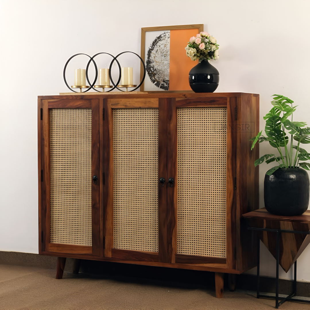 Elevate your living space with our designer and stylish Tower Cane Cabinet, crafted from sheesham wood. Buy Wicker/ Rattan Sideboard & Cabinet for living room