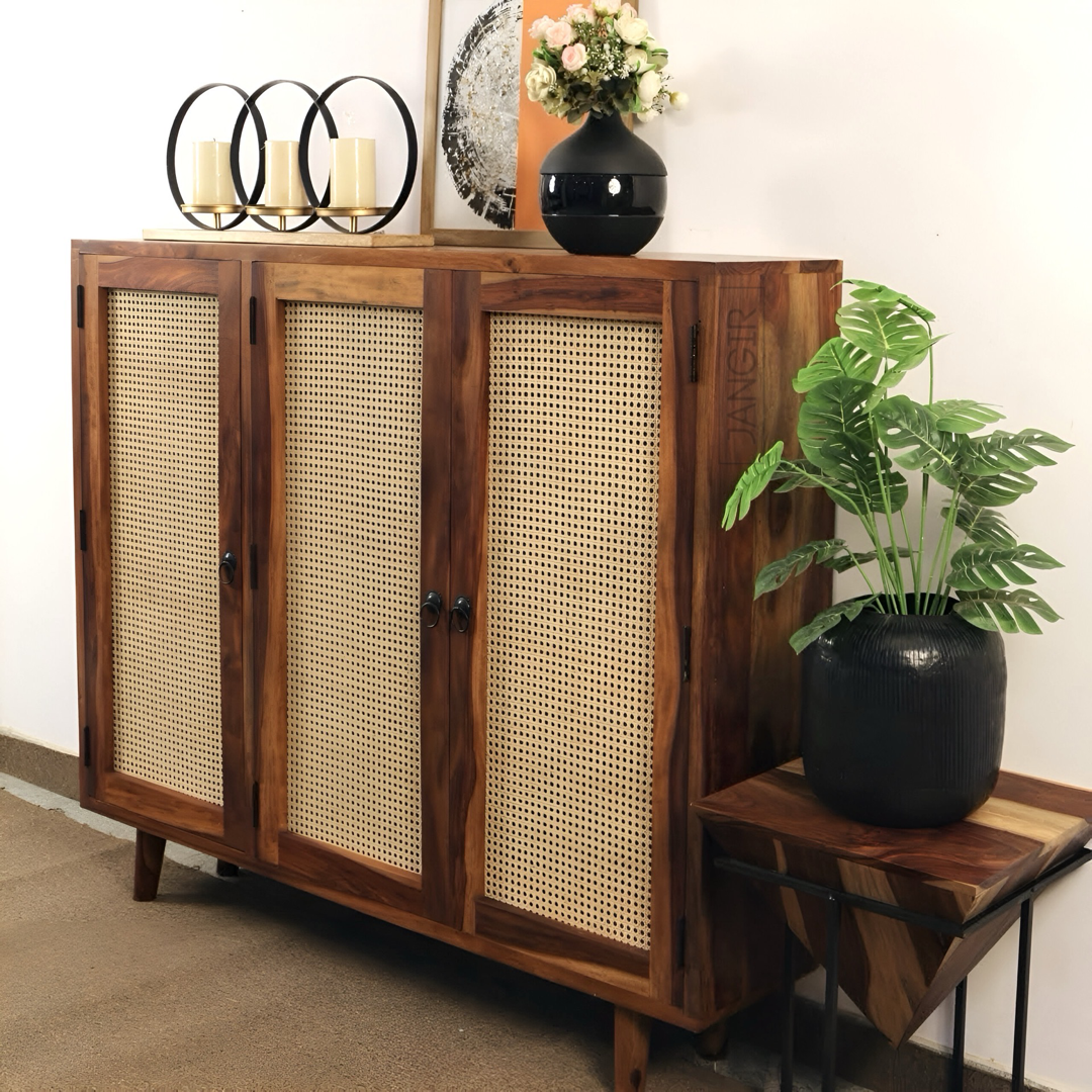 Elevate your living space with our designer and stylish Tower Cane Cabinet, crafted from sheesham wood. Buy Wicker/ Rattan Sideboard & Cabinet for living room