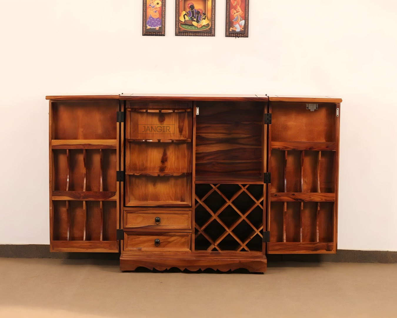 Elevate your home bar with a stunning Tiles Bar Cabinet featuring traditional tiles design, made with sheesham wood. Upgrade your space now, buy now near you in Bangalore !