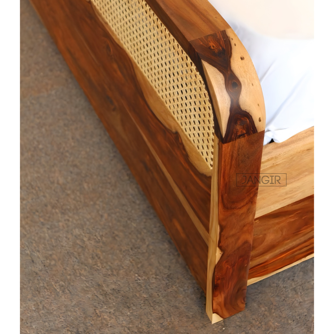 Upgrade your bedroom with our designer solid wood cane bed, crafted from sheesham wood and natural cane. Available in king and queen sizes with storage. Buy online or in-store in Bangalore