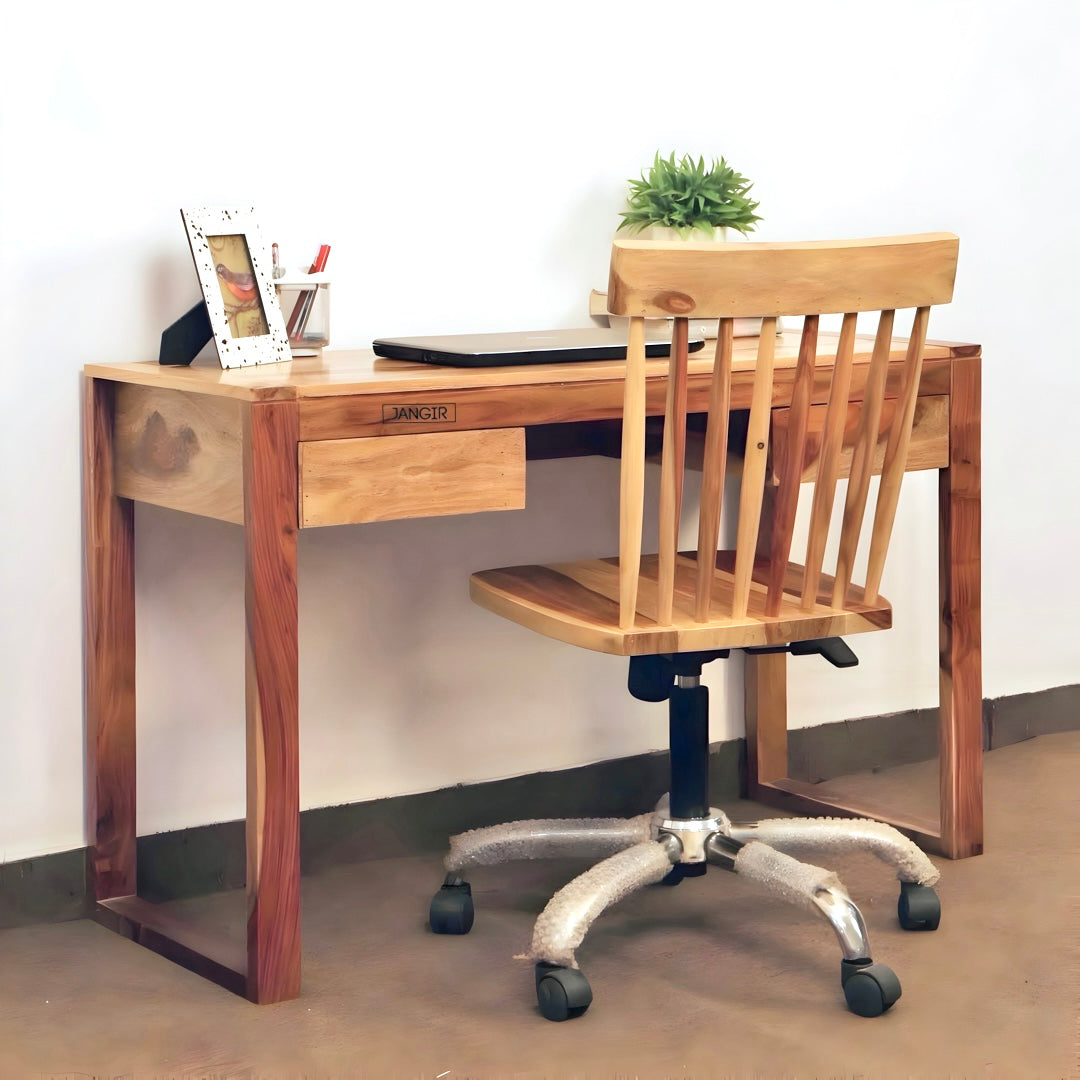 Upgrade your workspace with the Home Solid Wood Office Chair. Sheesham wood & metal base, modern revolving chair. Shop online or near you in Bangalore today!