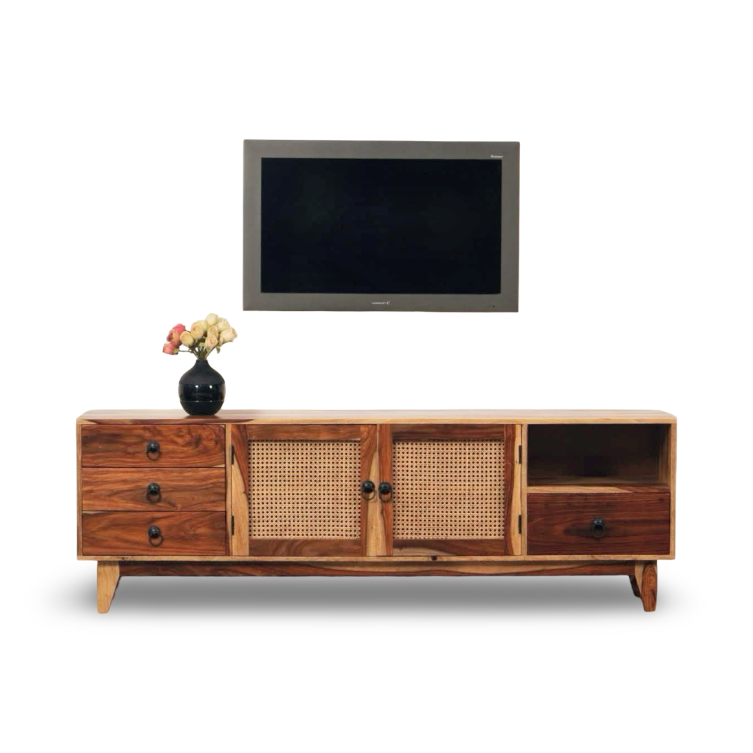 enhance your TV area with our Halter Cane Weaved TV Unit, sheesham wood made. Shop Wooden Wicker / rattan entertainment unit, TV Stand near you in Bangalore