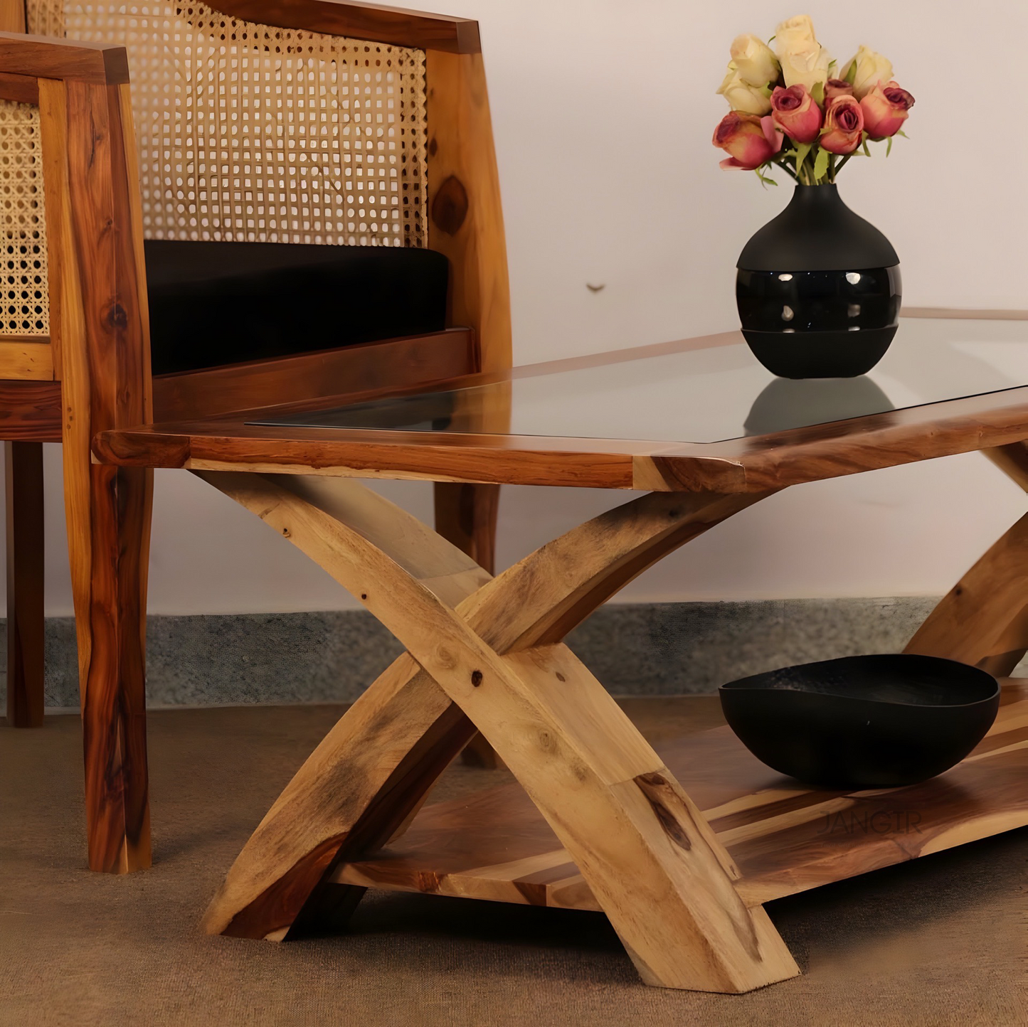 Transform your living room with our designer coffee table with open storage and a glass top. Made with sheesham wood. Elevate your home decor with our center tables near you in Bangalore, Shop Now
