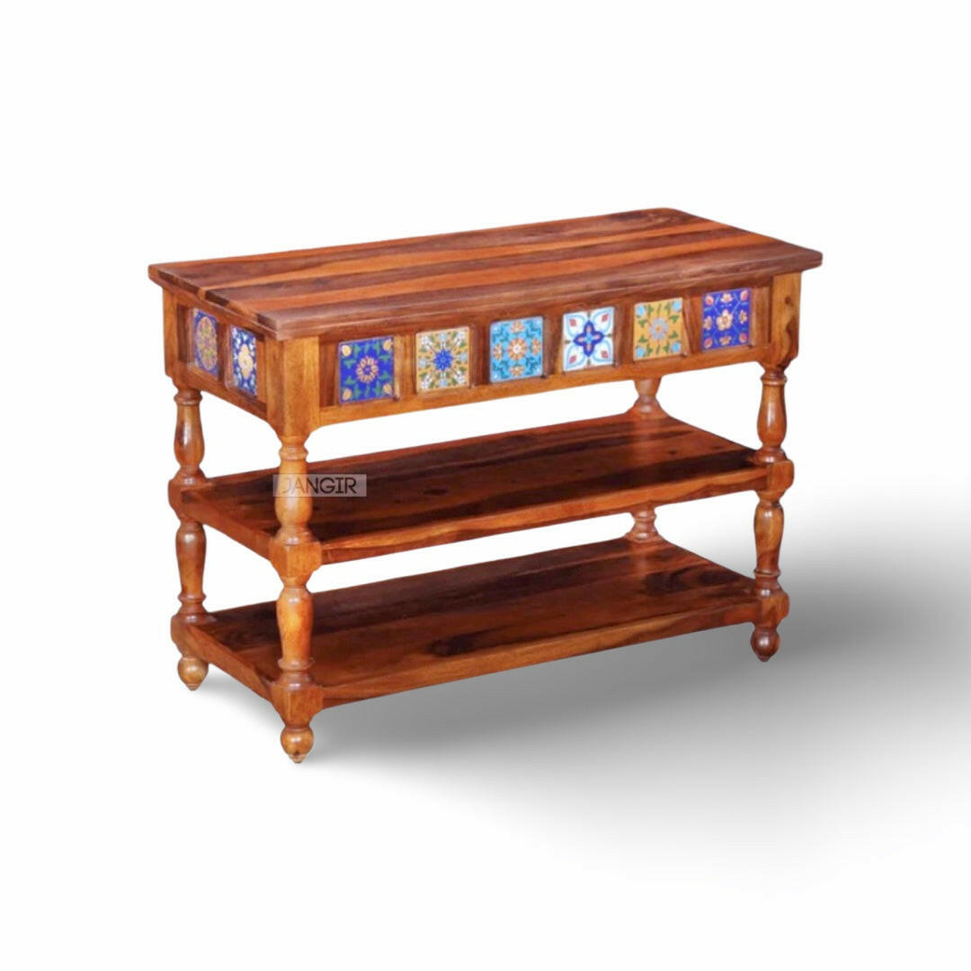 Enhance your Living Room with our Tiles Solid Wood Console Table, sheesham wood made. Buy traditional Console table with Storage near you in Bangalore