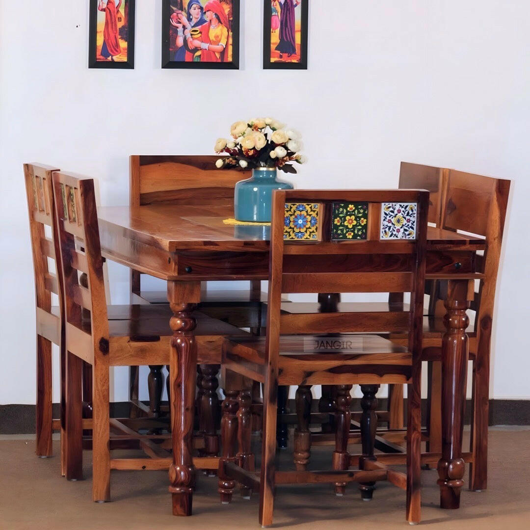 Discover the perfect Rajasthani Style tiles dining table set to complement your dining room, made with sheesham wood. Buy online or in-store for the perfect combination of beauty and durability!