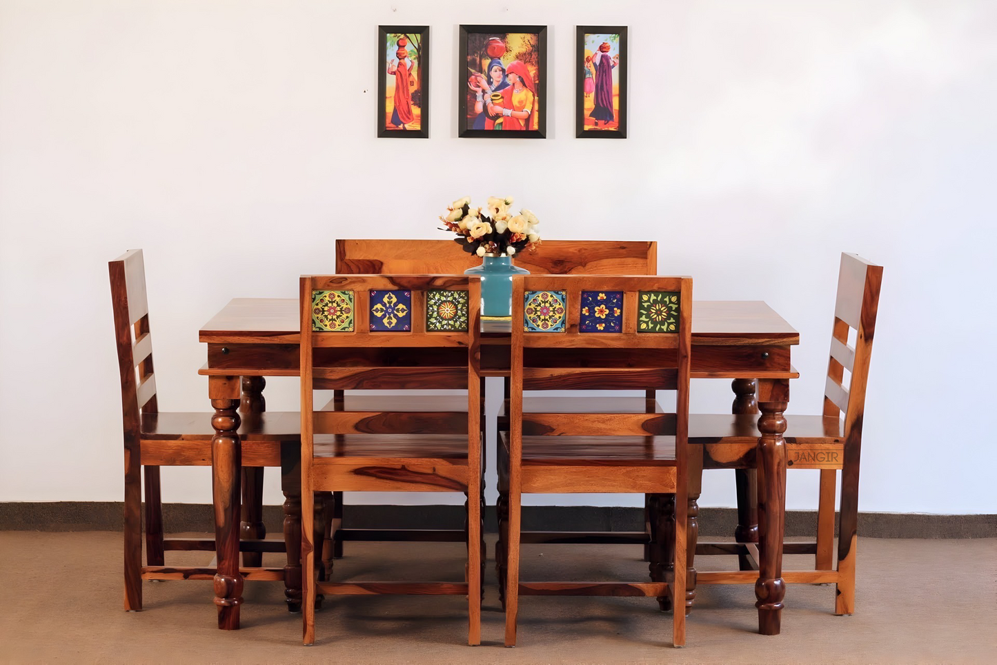 Transform your home into a regal oasis with our authentic Rajasthani-style Tiles dining table sets in Bangalore. Crafted from Sheesham wood, our six-seater and four-seater options Upgrade today!