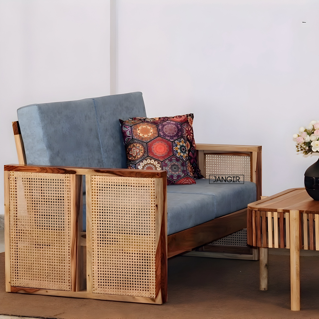 Transform your home with our natural cane solid wood sofa set, crafted from sheesham wood and upholstered in premium fabric, experience utmost relaxation in this Cane Sofa in Bangalore