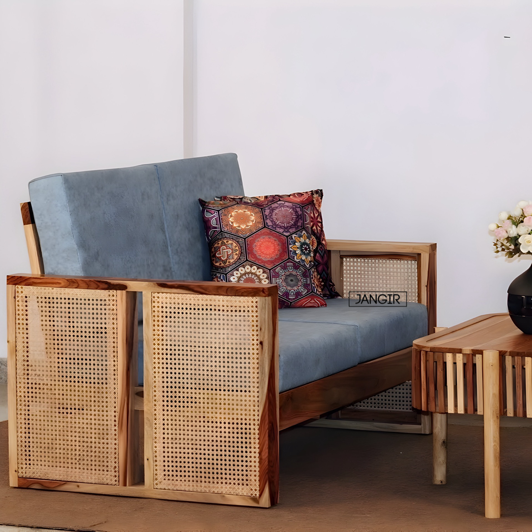 Transform your home with our natural cane solid wood sofa set, crafted from sheesham wood and upholstered in premium fabric. Buy Wicker & Rattan Sofa Set today