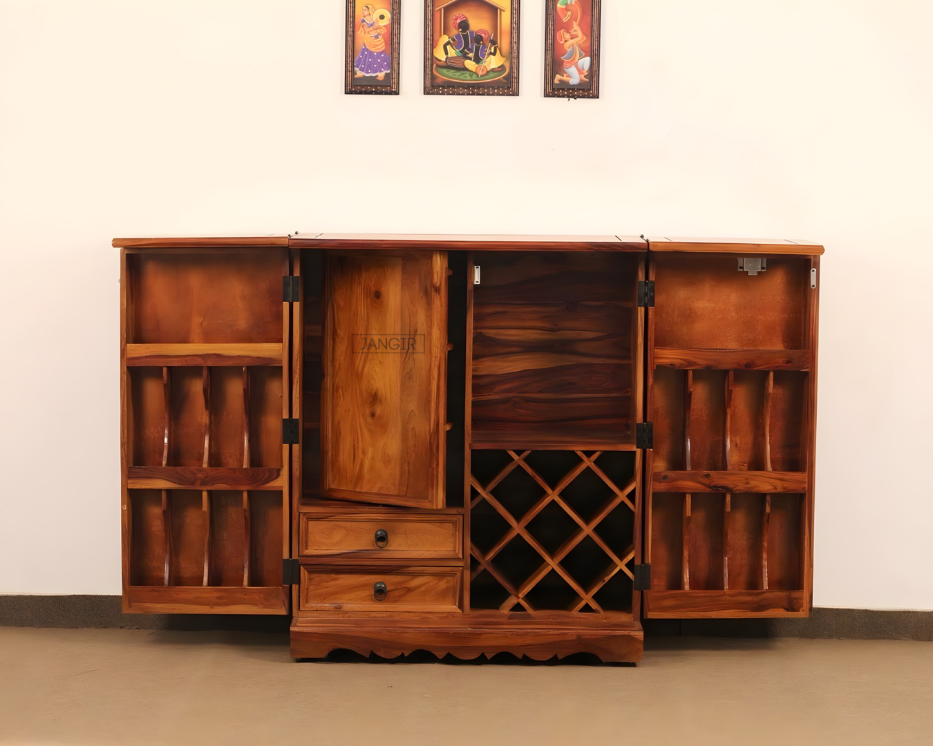 Elevate your home bar with a stunning Tiles Bar Cabinet featuring traditional tiles design, made with sheesham wood. Upgrade your space now, buy now near you in Bangalore !